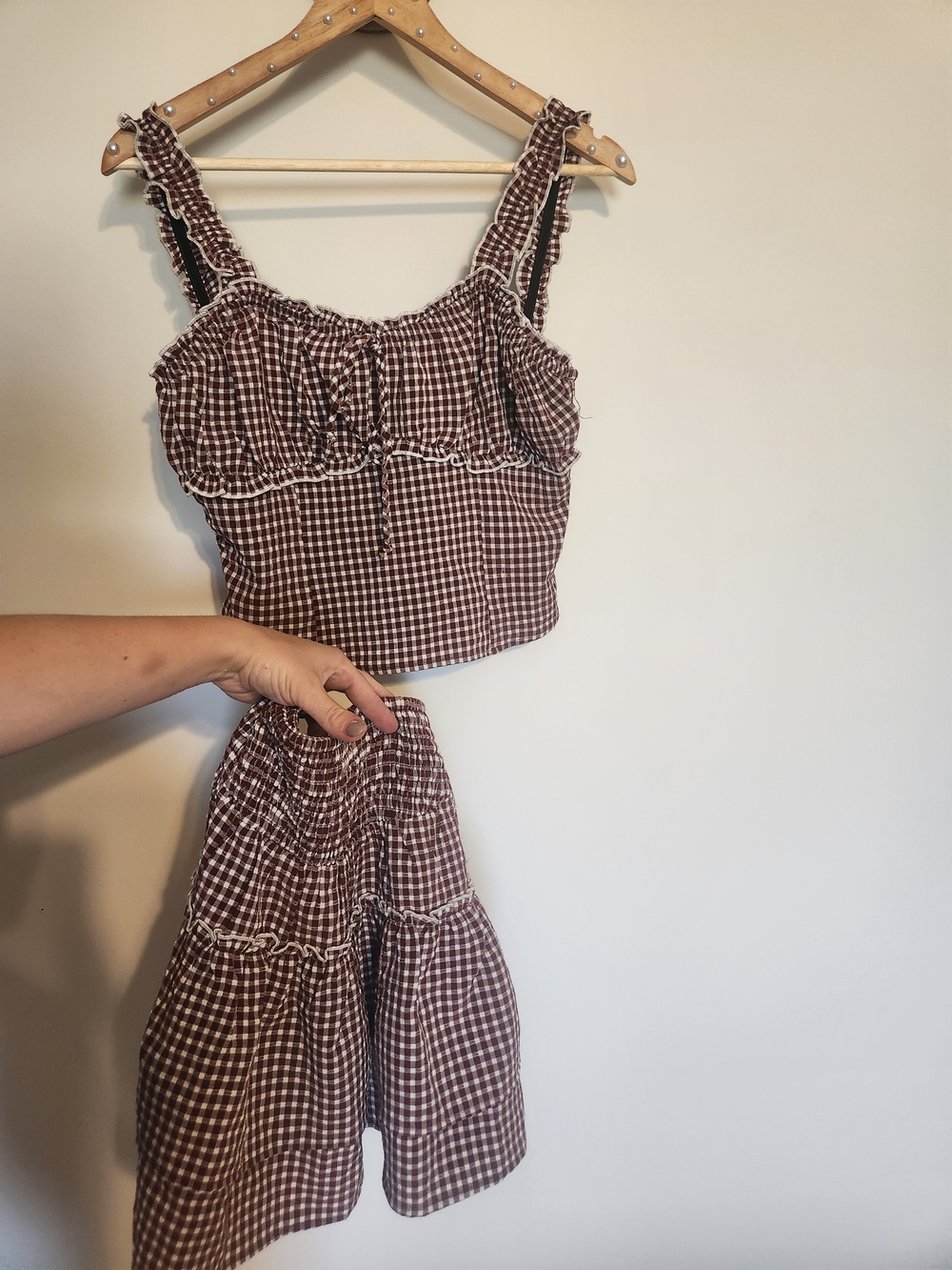 Brown Gingham Ruffle Crop Top & Skirt Set